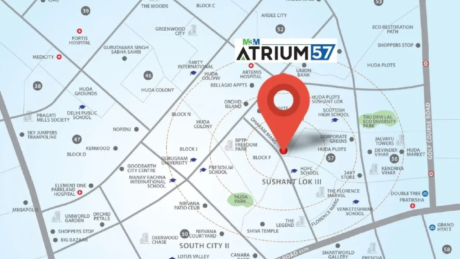 Location Map of M3M Atrium 57